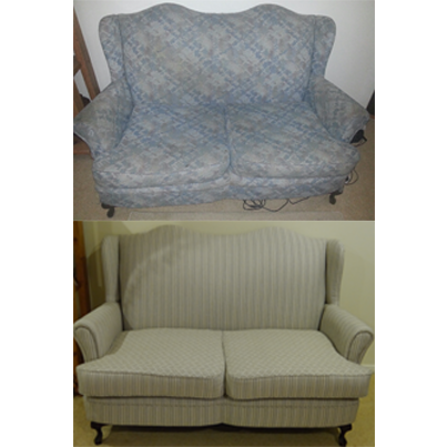 reupholstery using a wortley fabric, classic wing chair style 2 seater